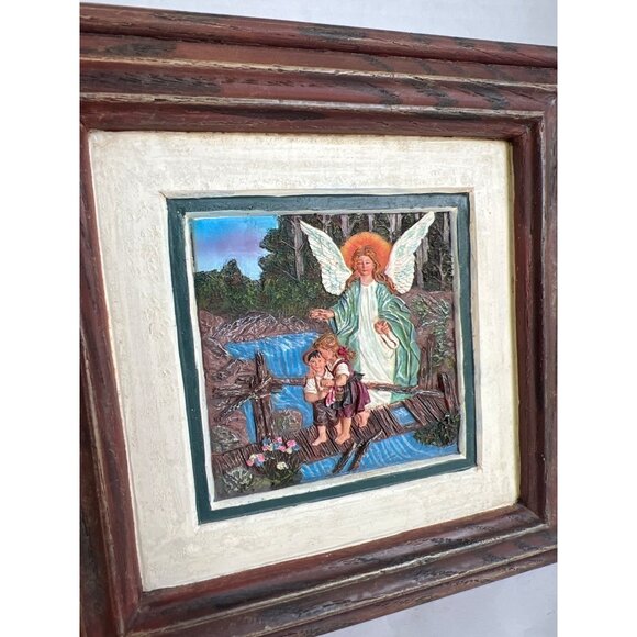 Vintage Guardian Angel 3-D Relief Art Children on Bridge 7"X7" GrannyCore Faith - Picture 2 of 8